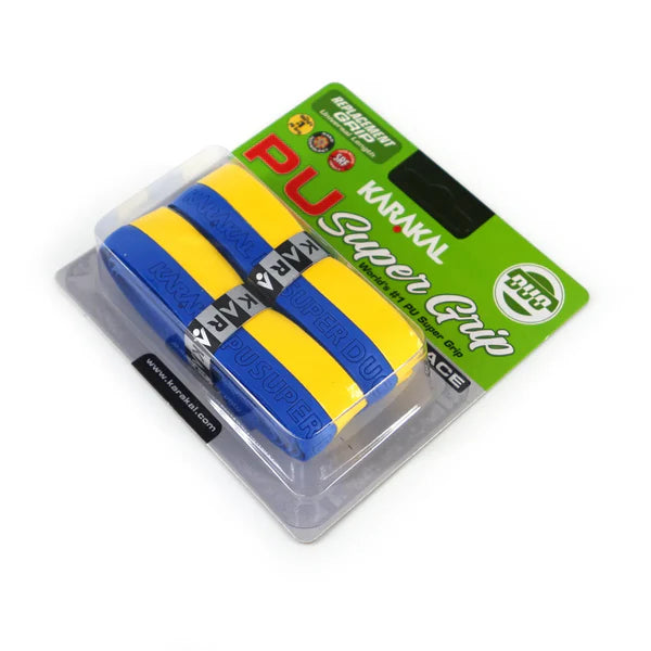 The Karakal PU Super Grip Duo contains two blue and yellow grips, packaged in a clear case with branded backing—perfect replacement grips for any racket sport.