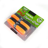 The Karakal PU Super Grip Duo - Pack of Two features black and orange overgrips for rackets, shown in clear packaging with green and black Karakal branding. Ideal as a comfortable replacement grip for any racket sport.