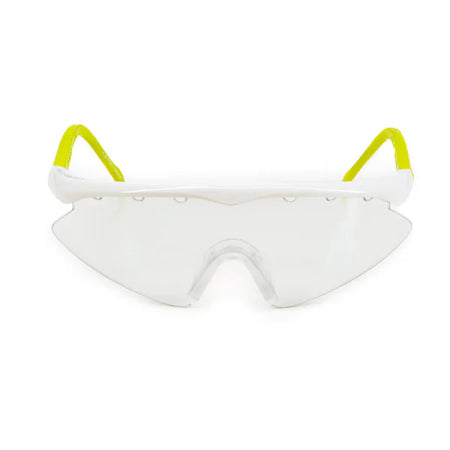 Front view of Karakal Pro 2500 Sports Eye Protection by Karakal, featuring a clear frameless design with a white top rim and bright yellow angular arms—ideal ladies’ or juniors’ squash eye guards.
