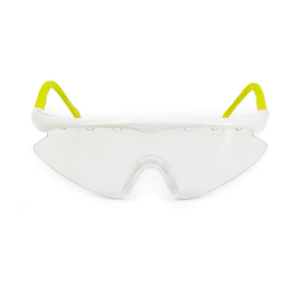 Front view of Karakal Pro 2500 Sports Eye Protection by Karakal, featuring a clear frameless design with a white top rim and bright yellow angular arms—ideal ladies’ or juniors’ squash eye guards.