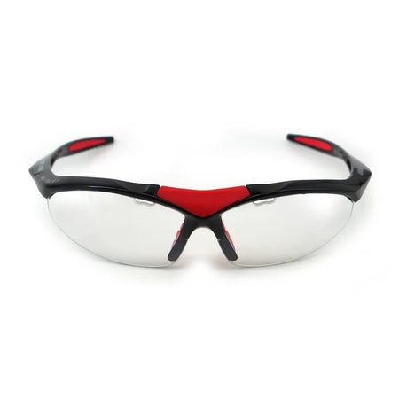 The Karakal Adult Pro 3000 Sports Eye Protection by Karakal features clear polycarbonate lenses, a sporty red/black wraparound frame, and anti-fog coating to ensure clear vision during active use.