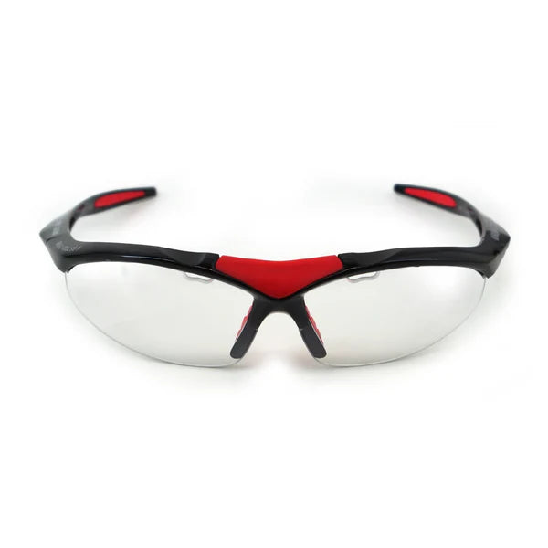The Karakal Adult Pro 3000 Sports Eye Protection by Karakal features clear polycarbonate lenses, a sporty red/black wraparound frame, and anti-fog coating to ensure clear vision during active use.