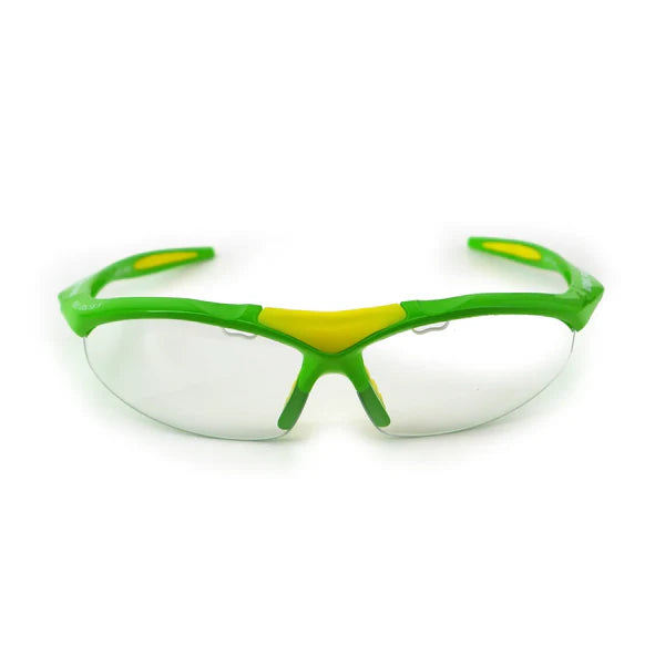 The Karakal Adult Pro 3000 Sports Eye Protection by Karakal features clear, anti-fog lenses and a yellow/green frame, shown against a white background.