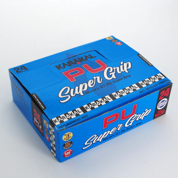 A blue box labeled "Karakal PU Super Grip - Box of 24 Assorted" by Karakal contains 24 replacement grips for sports rackets, featuring bold red and white text plus various logos that highlight the product’s grip qualities.