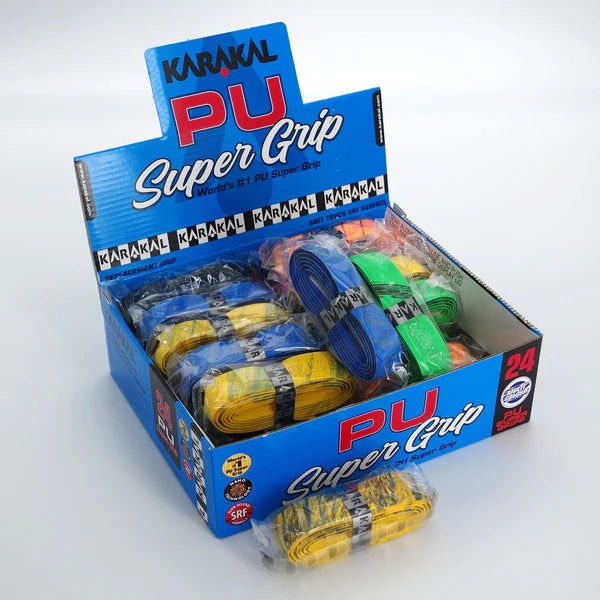 The Karakal PU Super Grip - Box of 24 Assorted includes 24 individually wrapped grips in yellow, blue, black, green, and orange for racket sports. Supplied in a blue display box. Brand: Karakal.