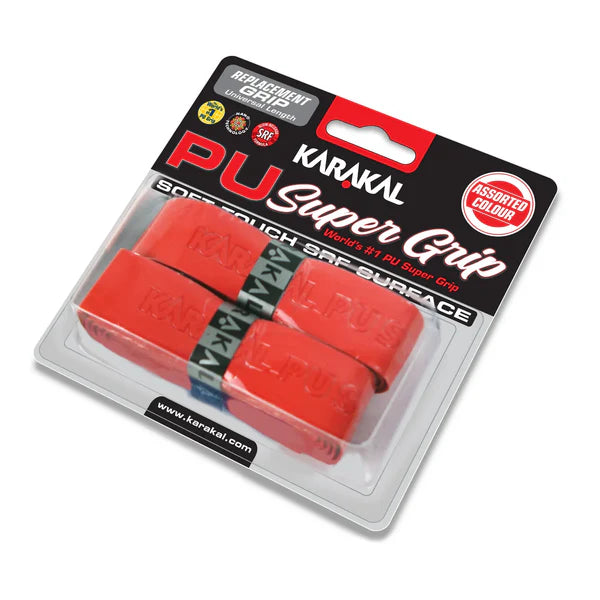 A retail pack of Karakal PU Super Grip - Pack of Two (Plain Colours) contains two red grips for sports rackets. The packaging features soft touch, SRF surface, extra thick design, and is available in assorted colors. Brand: Karakal.