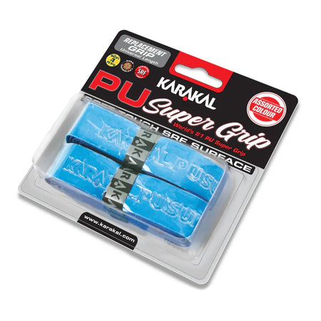 A retail package of Karakal PU Super Grip - Pack of Two (Plain Colours) in light blue, featuring two extra thick racket grips with Karakal branding. Brand: Karakal.