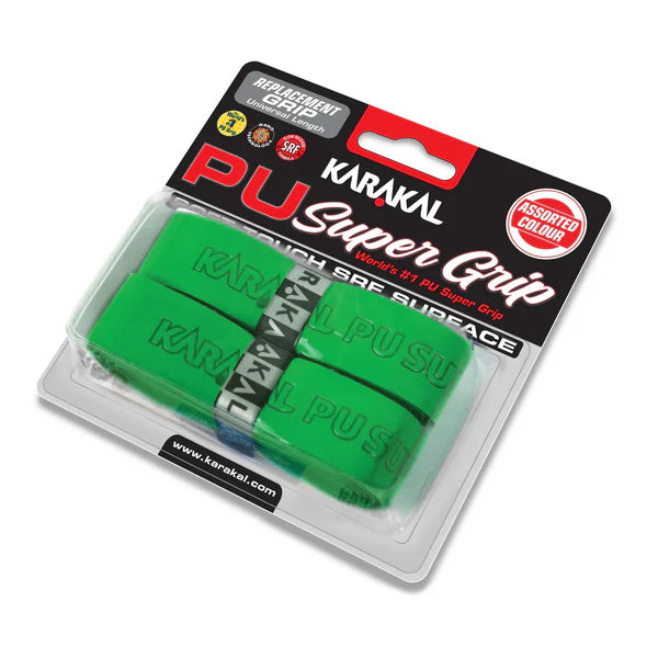 The Karakal PU Super Grip - Pack of Two (Plain Colours) in green offers super absorbency and extra thickness for racket comfort. Supplied in clear packaging with black, red, and white labeling.