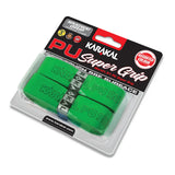 The Karakal PU Super Grip - Pack of Two (Plain Colours) in green offers super absorbency and extra thickness for racket comfort. Supplied in clear packaging with black, red, and white labeling.
