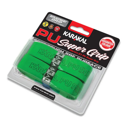 The Karakal PU Super Grip - Pack of Two (Plain Colours) in green offers super absorbency and extra thickness for racket comfort. Supplied in clear packaging with black, red, and white labeling.