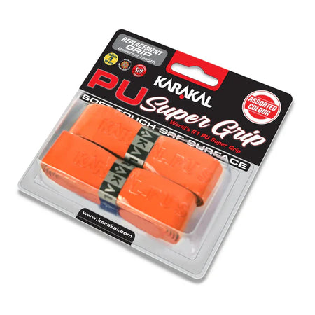 A pack of two orange Karakal PU Super Grips for sports rackets, made from extra thick, absorbent material by Karakal. Packaged in clear plastic with branded labeling.