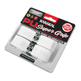 The Karakal PU Super Grip - Pack of Two (Plain Colours) includes two extra thick white racket grips with branding, packaged in a clear case with black and red labeling from Karakal.