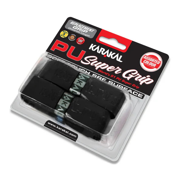 A pack of two Karakal PU Super Grip racket grips in plain black, presented in clear packaging with Karakal branding.