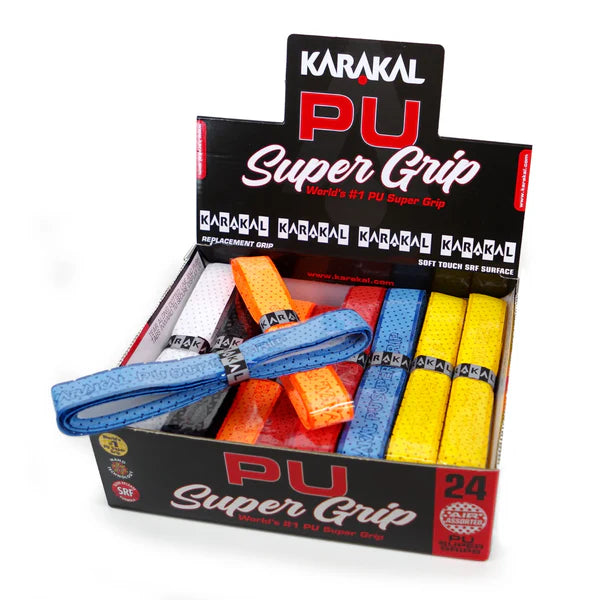 An open display box of 24 Karakal PU Super Grip Air replacement grips in assorted colors. Branded as the World’s #1 breathable racket grip by Karakal, it's perfect for keeping your rackets comfortable and secure.