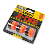The Karakal X-DRI Overwrap Grip by Karakal features four orange, ultra-thin racket grips in clear packaging, offering a dry feel and SRF surface—ideal for players seeking superior touch and control.