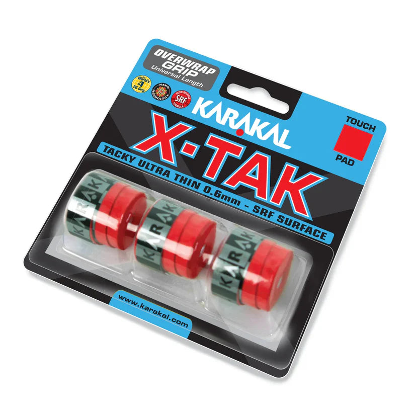 The Karakal X-TAK Overwrap Grip retail pack includes three red, ultra-thin (0.6mm) grips for sports equipment, featuring a tacky SRF surface for enhanced performance. Brand: Karakal.