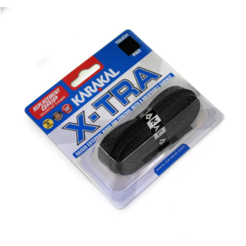 The Karakal X-TRA Grip, black, delivers high-tack handling and cushioned comfort for sports rackets. It comes in branded blue and white packaging with product details shown on the blister pack.