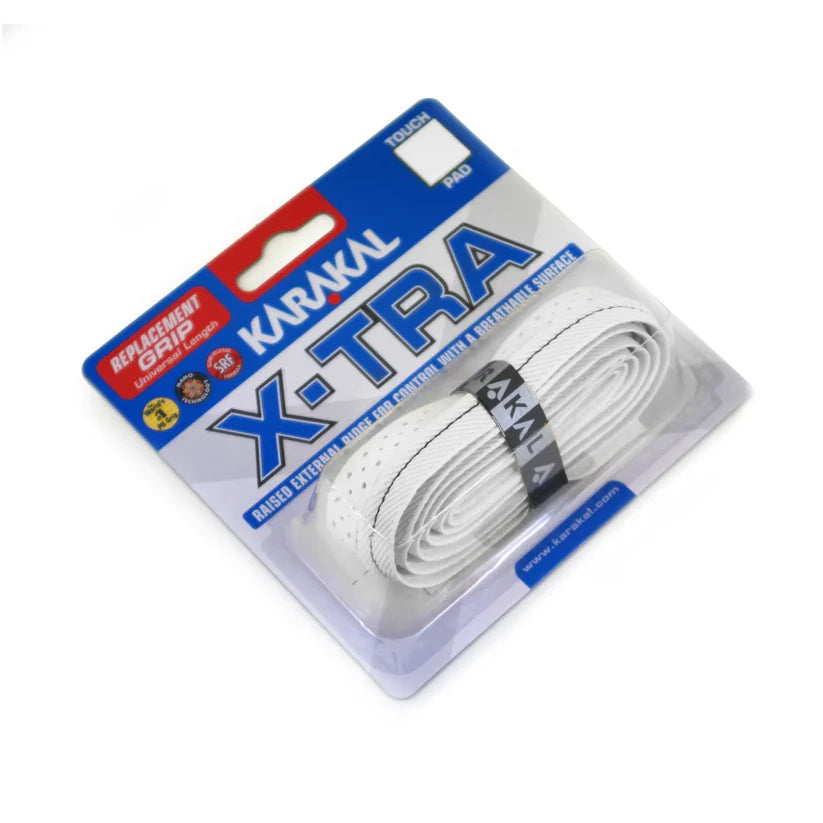The Karakal X-TRA Grip is a white replacement grip for sports rackets, packaged coiled in clear plastic, offering cushioned comfort and high-tack handling from Karakal.