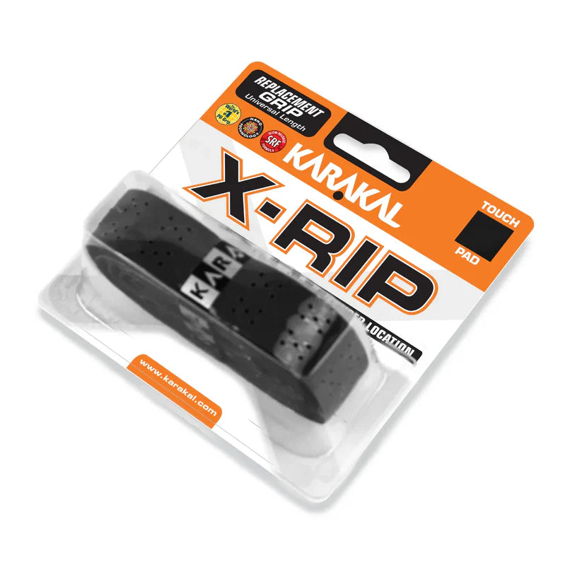 The Karakal X-RIP Grip in black is a universal replacement racket grip from Karakal, featuring a secure, non-slip finish and “Touch Pad” branding on the packaging—ideal for all sports rackets.