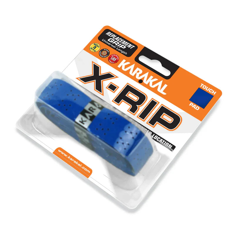 A Karakal X-RIP Grip in blue, a non-slip racquet grip with Touch Pad and extra absorbency by Karakal, is shown in branded clear plastic packaging.