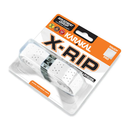 The Karakal X-RIP Grip is a white universal racket grip featuring extra tackiness and a non-slip surface, with "Touch Pad" branding on the packaging.