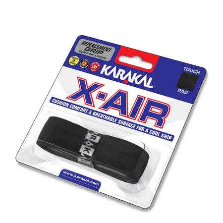 The Karakal X-AIR Grip in black, from Karakal, comes packaged with branded detailing. This cushioned racket grip offers excellent comfort, breathability, a universal length, and cool grip features—making it a top choice for players seeking a breathable and comfortable grip.