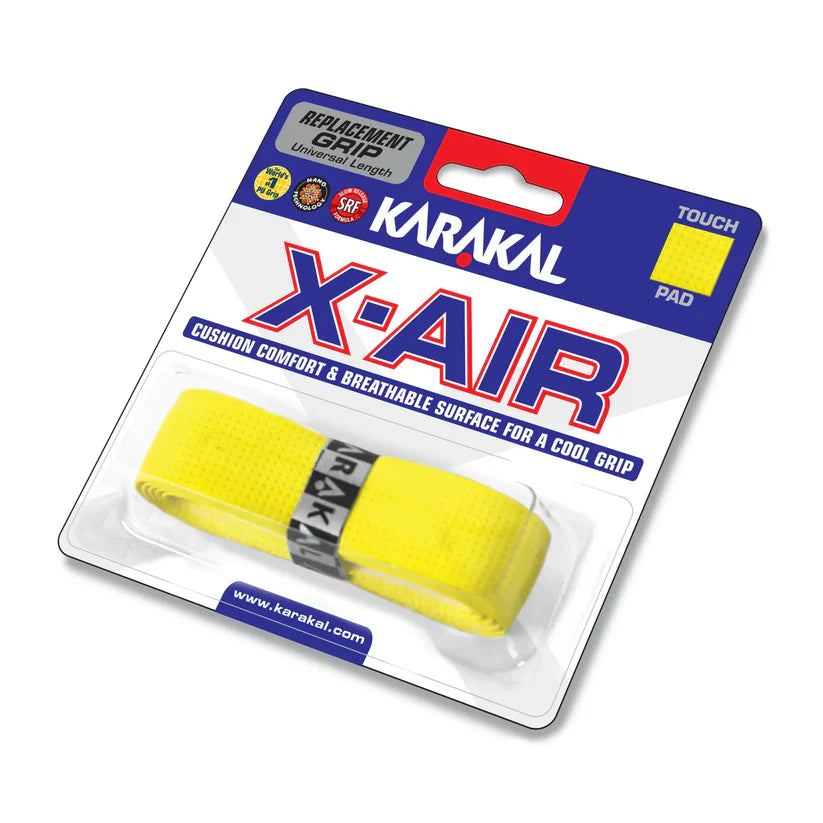 A yellow Karakal X-AIR Grip for sports equipment, by Karakal, features a cushioned design and a breathable surface for added comfort, labeled Touch Pad and shown against a white background.
