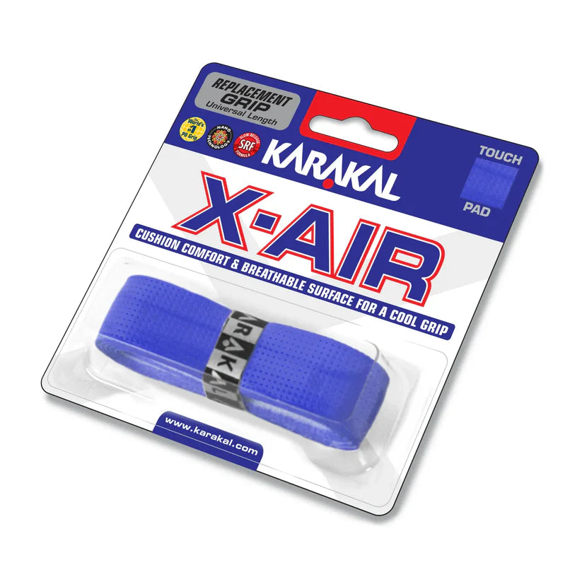 A Karakal X-AIR Grip in blue, by Karakal, packaged in plastic and designed to offer cushioned comfort and a breathable surface for a cool, secure hold on your racket.