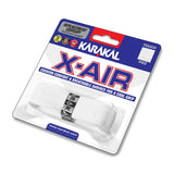 A packaged Karakal X-AIR Grip for sports racquets, featuring a cushioned white grip rolled with visible branding and product details on blue, red, and white packaging. This breathable Karakal grip delivers comfort and durability for every game.