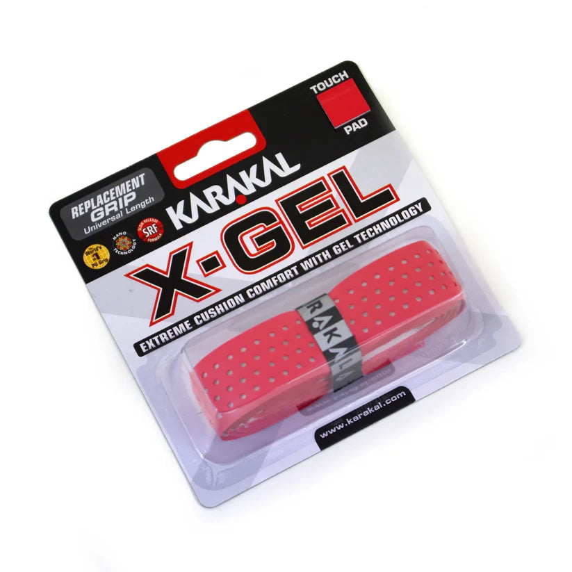 A packaged Karakal X-GEL Grip by Karakal in red, featuring perforation, gel padding technology, and Extreme Cushion Comfort as stated on the packaging.
