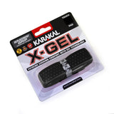 The Karakal X-GEL Grip is a black replacement grip for sports rackets, offering extreme cushion comfort with enhanced gel padding, as highlighted on its packaging. Brand: Karakal.