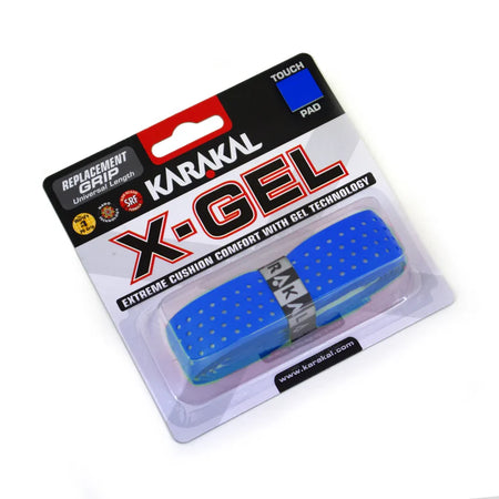 The Karakal X-GEL Grip by Karakal is a blue replacement grip for racket sports, offering enhanced cushion comfort with gel padding. It comes packaged visibly in clear plastic on a black, white, and red card.