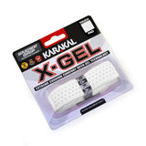 The Karakal X-GEL Grip by Karakal, in white, features gel padding and a perforated pad. Its packaging highlights Extreme Cushion Comfort with Gel Technology and showcases its key features for racket sport players.