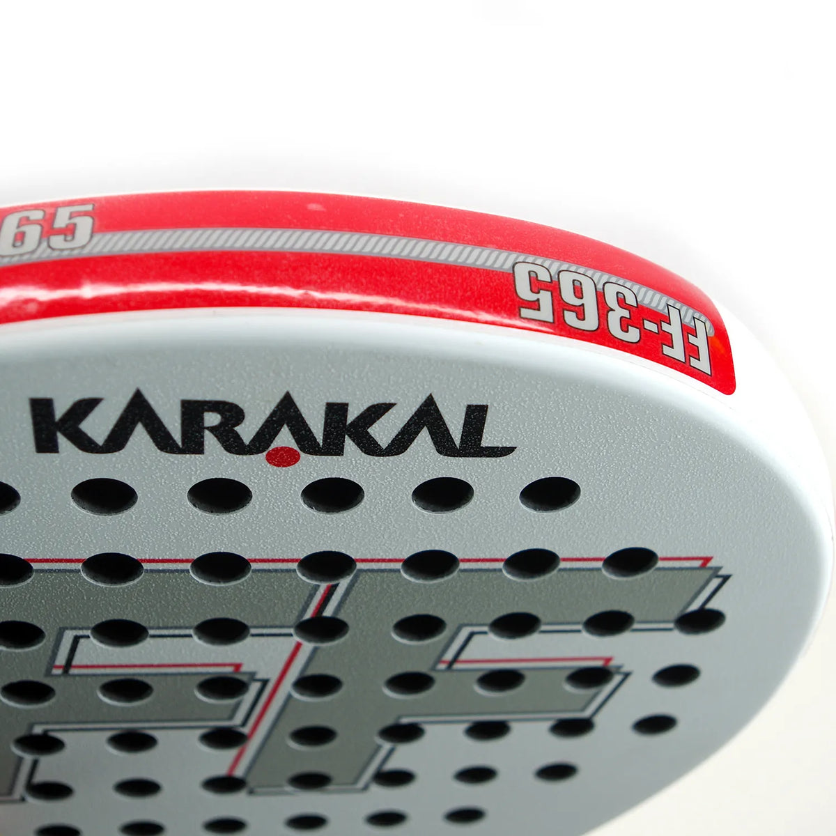 Close-up of the Karakal Padel FF 365 by Karakal, highlighting its teardrop-shaped head with multiple holes and visible branding on the surface.