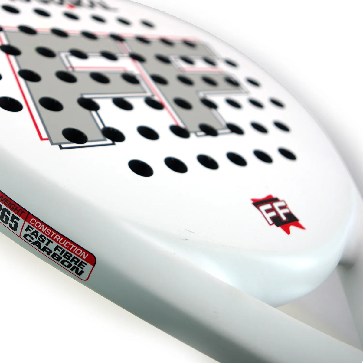 Close-up of the Karakal Padel FF 365, a white teardrop-shaped padel racket with black circular holes, bold FF lettering, a small red FF logo, and a rim label reading Construction Carbon Fiber 365 by Karakal.