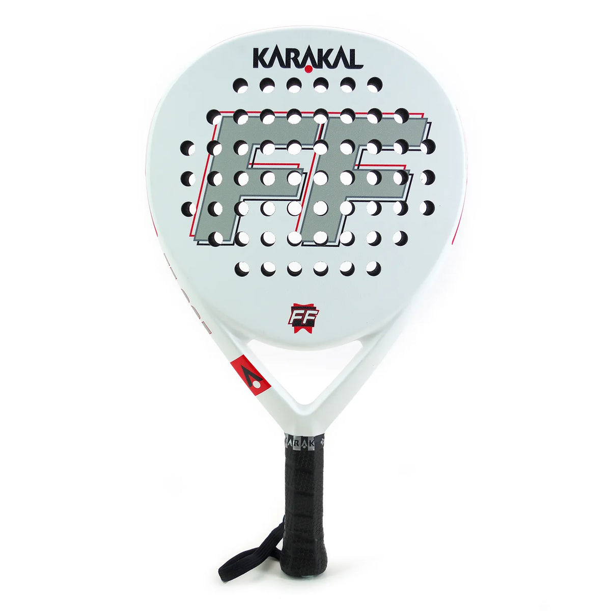 The Karakal Padel FF 365 is a teardrop-shaped padel racket featuring a black grip, large perforations, and “Karakal” at the top. The bold “FF” lettering stands out in the center of this stylish racket.