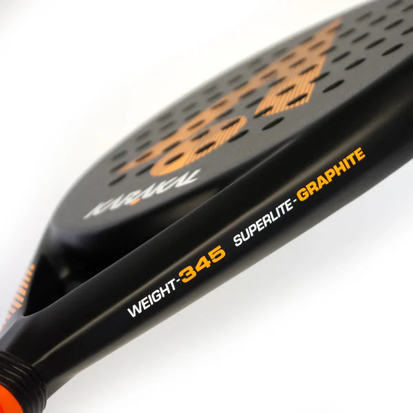 Close-up of the Karakal Air Lite 345 Padel - Orange racket by Karakal, showing "WEIGHT: 345 SUPERLITE - lightweight graphite" on the side, orange accents, and a perforated face.