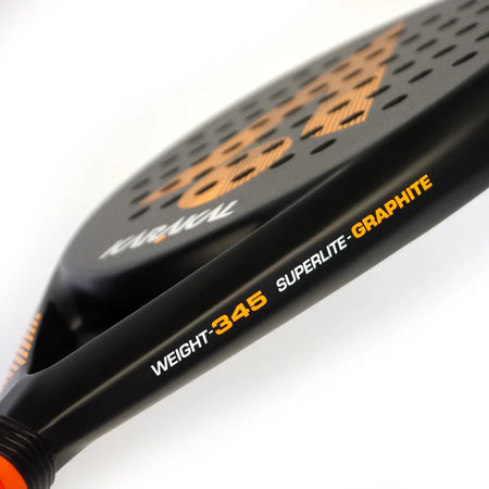 Close-up of the Karakal Air Lite 345 Padel - Orange racket by Karakal, showing "WEIGHT: 345 SUPERLITE - lightweight graphite" on the side, orange accents, and a perforated face.