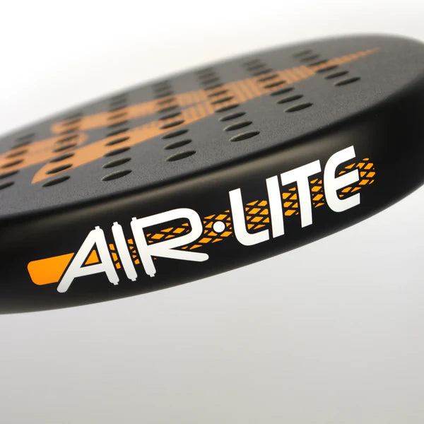 Close-up of the Karakal Air Lite 345 Padel - Orange racket by Karakal, showing its black and orange perforated frame and AIR LITE text in white and orange on the lightweight graphite construction.
