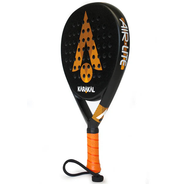 The Karakal Air Lite 345 Padel - Orange features a lightweight graphite frame, black base with orange accents, an orange grip, bold geometric face design, and prominent Karakal branding for agile performance on the court.