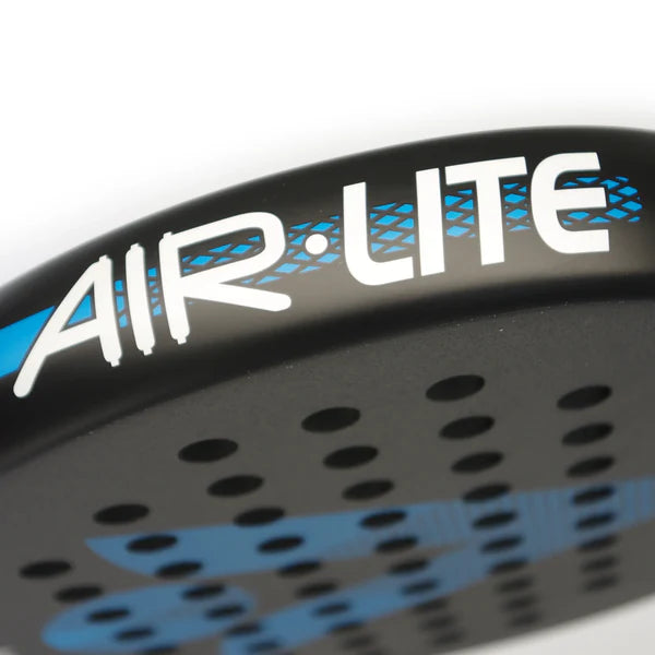 Close-up of the Karakal Air Lite 345 Padel - Blue by Karakal, highlighting blue accents and "AIR LITE" in white on the edge. The lightweight graphite racket features circular holes across its surface.