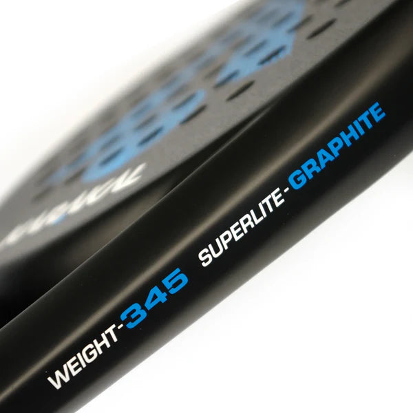 Close-up of the Karakal Air Lite 345 Padel - Blue by Karakal, showcasing WEIGHT-345 SUPERLITE-GRAPHITE text. Its lightweight graphite build and dotted surface pattern emphasize quality craftsmanship.