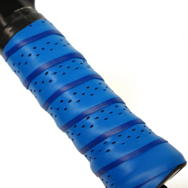 Close-up of the Karakal Air Lite 345 Padel by Karakal, featuring a black graphite handle wrapped with bright blue, perforated grip tape spiraled for enhanced grip and comfort.