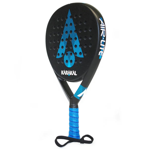 The Karakal Air Lite 345 Padel - Blue by Karakal features a black and blue design with a lightweight graphite frame, perforated face, large A logo, blue grip, and wrist strap, shown upright against a white background.