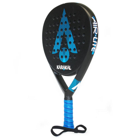 The Karakal Air Lite 345 Padel - Blue by Karakal features a black and blue design with a lightweight graphite frame, perforated face, large A logo, blue grip, and wrist strap, shown upright against a white background.