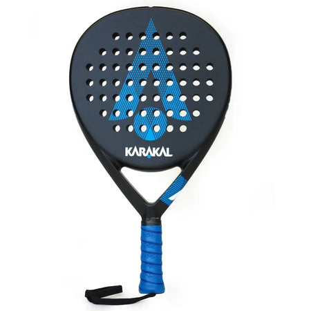 The Karakal Air Lite 345 Padel - Blue features a black and blue design with a large blue A, round holes, a matching grip and wrist strap, and is crafted from lightweight graphite for easy handling on the court.