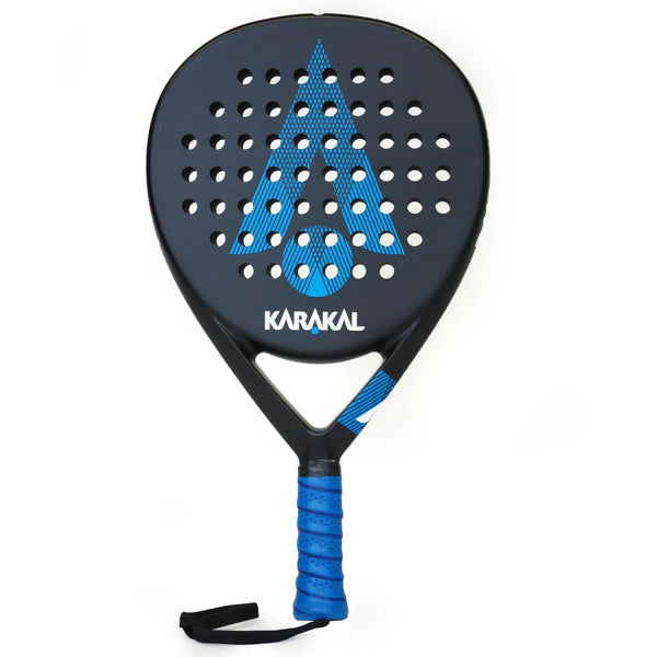 The Karakal Air Lite 345 Padel - Blue features a black and blue design with a large blue A, round holes, a matching grip and wrist strap, and is crafted from lightweight graphite for easy handling on the court.