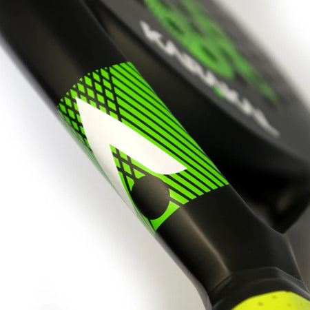 Close-up of the Karakal Air Lite 345 Padel - Green racket by Karakal, made from lightweight graphite, featuring bright green diagonal lines and a white geometric logo resembling a stylized “A” with a dot beneath.