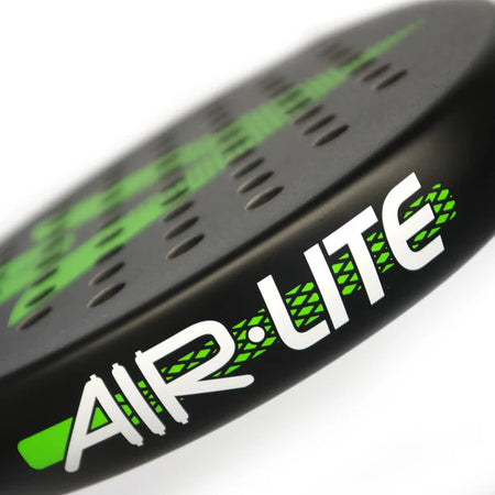 Close-up of the Karakal Air Lite 345 Padel - Green racket by Karakal, crafted from lightweight graphite with green and white accents, AIR LITE text on the edge, and a unique perforated surface.