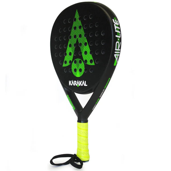 The Karakal Air Lite 345 Padel - Green features a black frame with green accents, a large green dotted A logo, yellow grip, and black wrist strap. Made by Karakal from lightweight graphite for easy on-court handling.